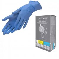 Перчатки нитриловые голубые плотные Benovy