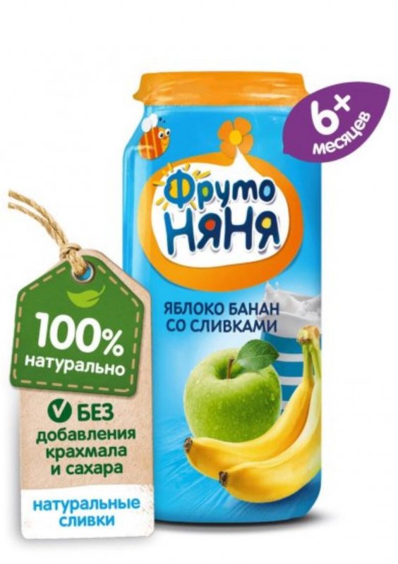 Фруктовое пюре "Фрутоняня" яблоко, банан со сливками 250гр