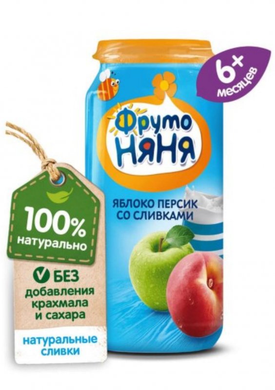 Фруктовое пюре "Фрутоняня" яблоко, персик со сливками 250гр
