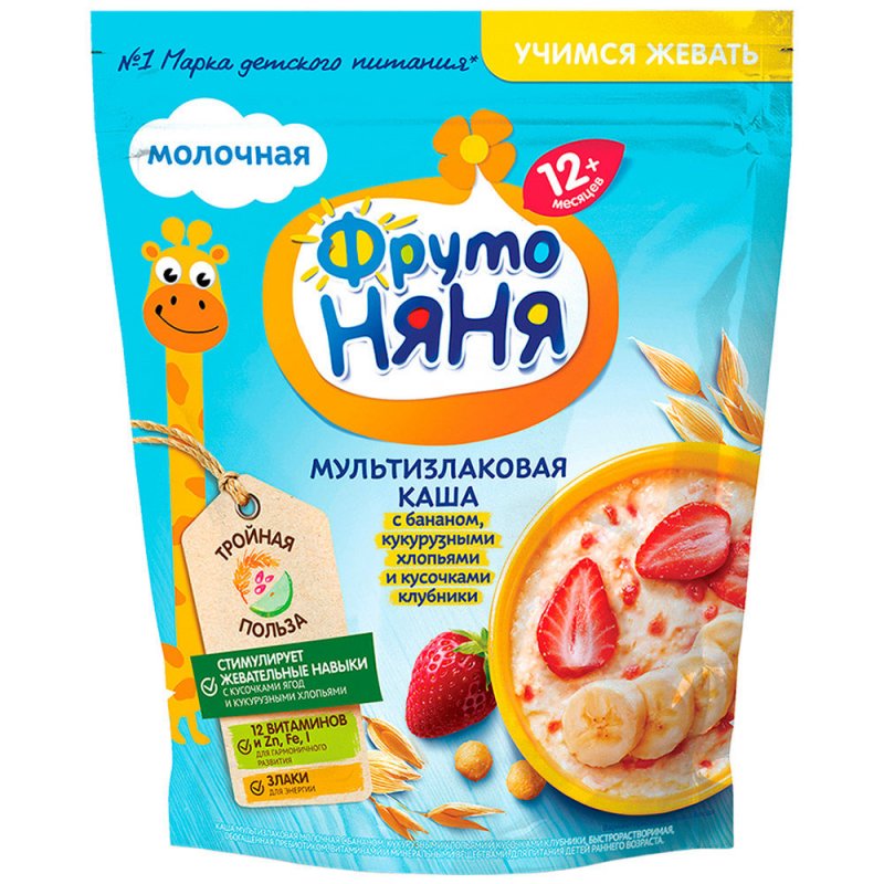 Каша мультизлаковая Фрутоняня (банан, кукурузные хлопья и кусочки клубники) 200гр