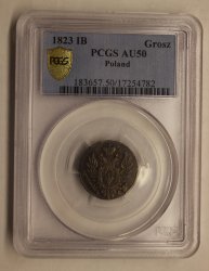 1 грош 1823 IB. Слаб PCGS AU50! Русская Польша.