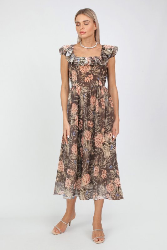 Романтичное платье с воланами из шифона с принтом Пионы