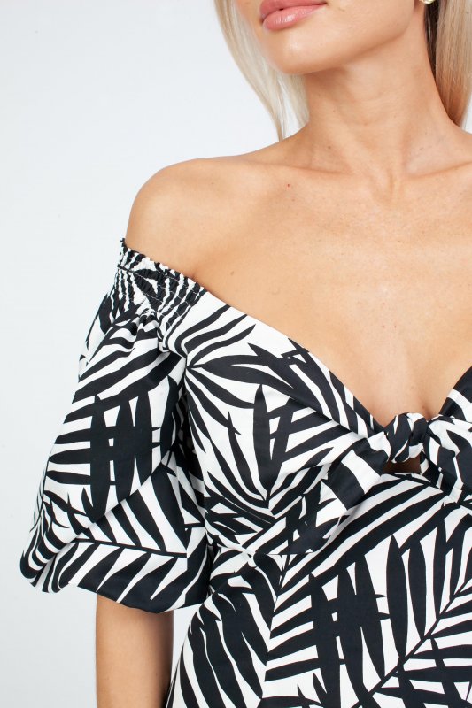 Силуэтное платье с фантазийным лифом и пышными рукавами с принтом Тропики