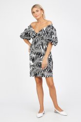 Силуэтное платье с фантазийным лифом и пышными рукавами с принтом Тропики