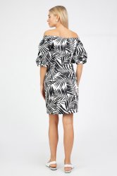 Силуэтное платье с фантазийным лифом и пышными рукавами с принтом Тропики