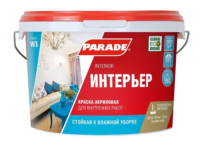 Интерьерная акриловая краска для стен и потолков по штукатурке Parade Classic W3