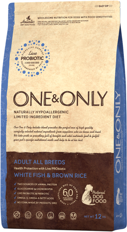 Корм Уан энд Онли для собак всех пород белая рыба рис 1кг