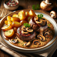 Медальоны под грибным соусом с картошкой по-деревенски 